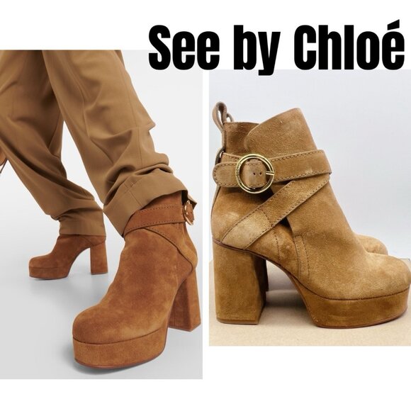 See by Chloé Lyna Platform Heel Ankle Boots Brown Leather...